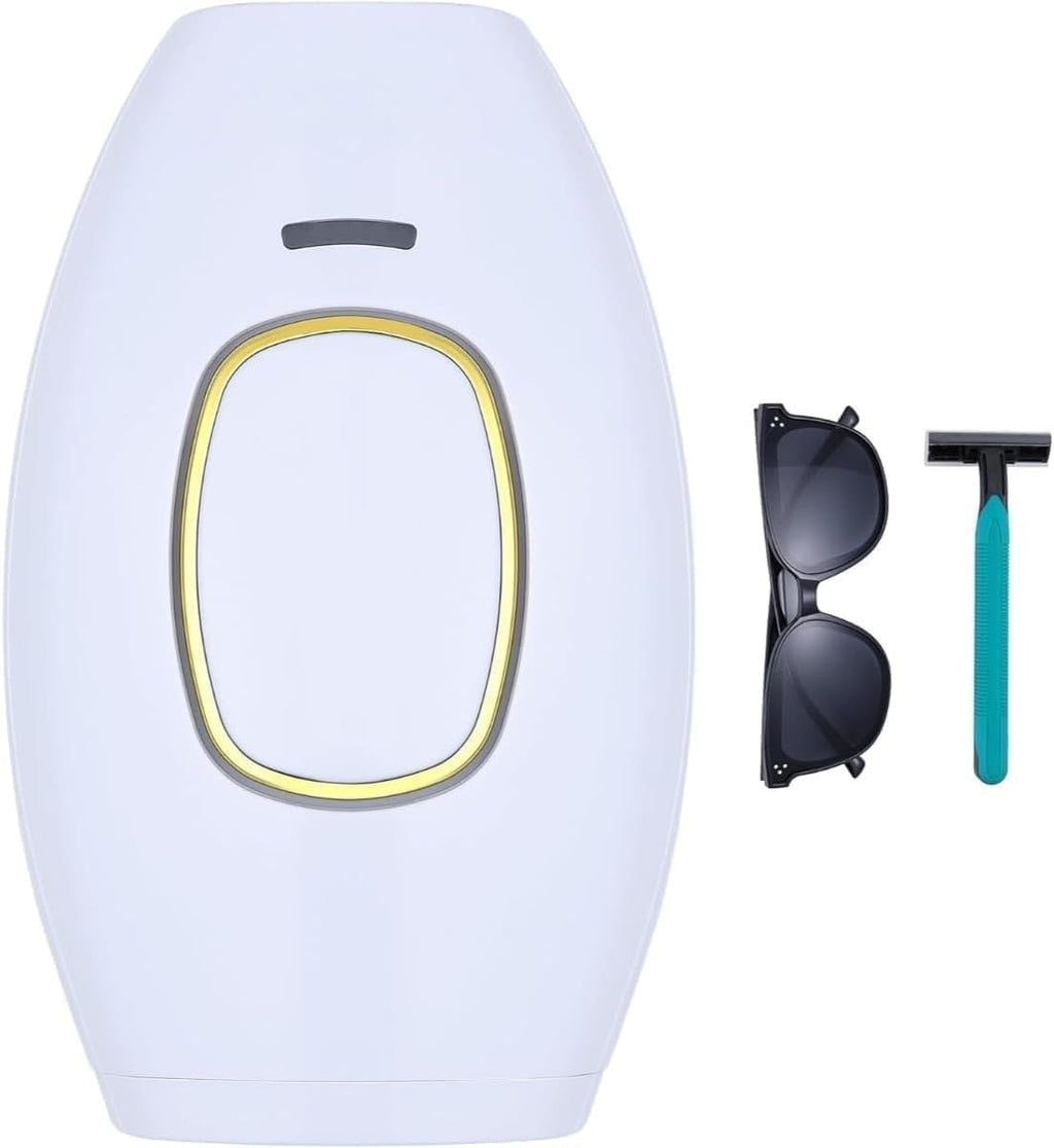IPL hair removal device white oval shape with gold flash window, protective goggles and razor included