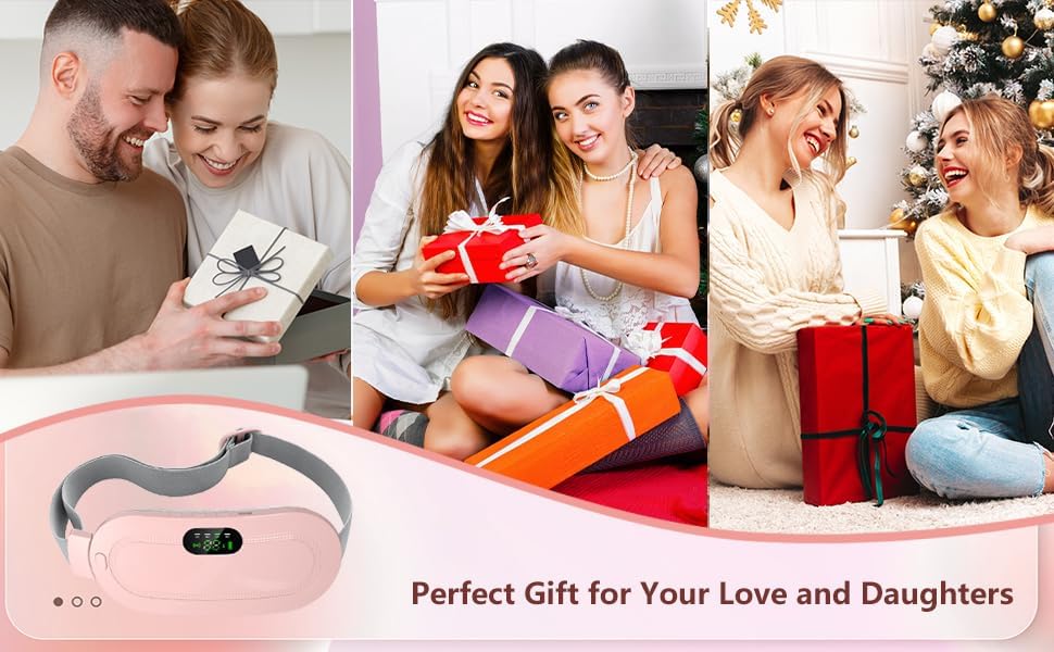 Heating belt shown in pink gift box with USB charging cable and thank you card