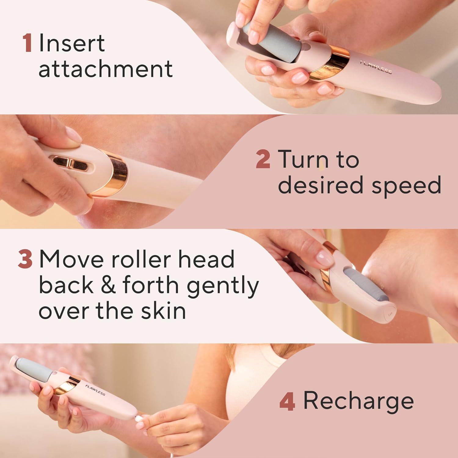 Step by step how to use Flawless foot file — insert, set speed, move roller, recharge