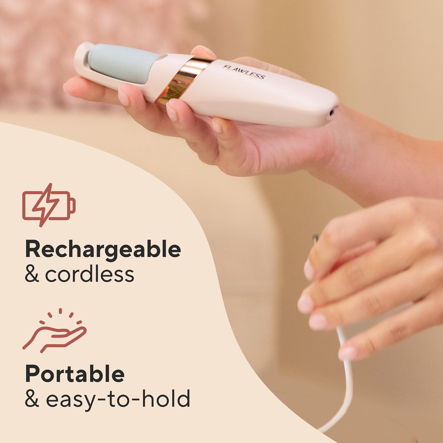 Step by step how to use Flawless foot file — insert, set speed, move roller, recharge