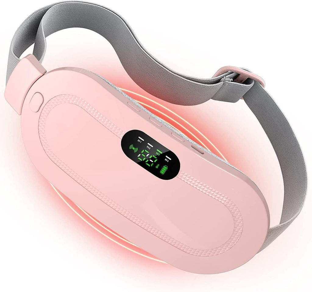 Heating belt shown in pink gift box with USB charging cable and thank you card